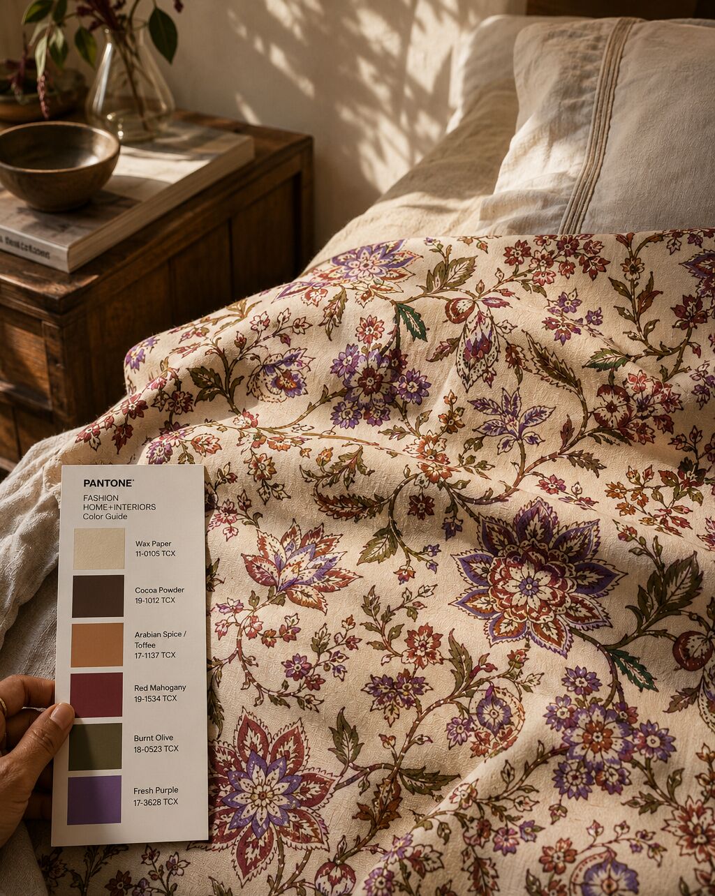 Swatch layout of the six AW 2026/27 colours — Wax Paper, Cocoa Powder, Toffee, Red Mahogany, Burnt Olive, and Fresh Purple