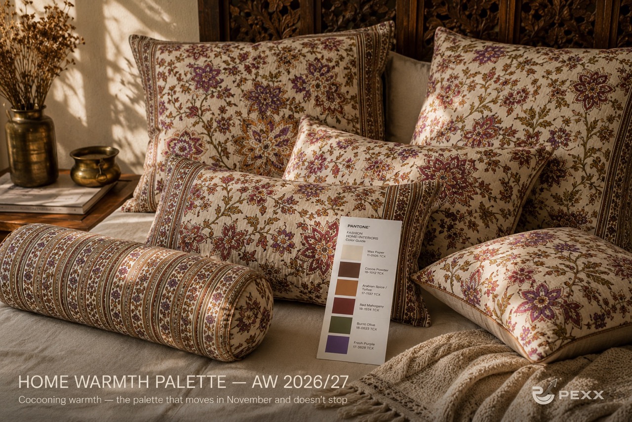 Six fabric colour swatches laid out on a wooden surface — the AW 2026/27 home palette from PEXX