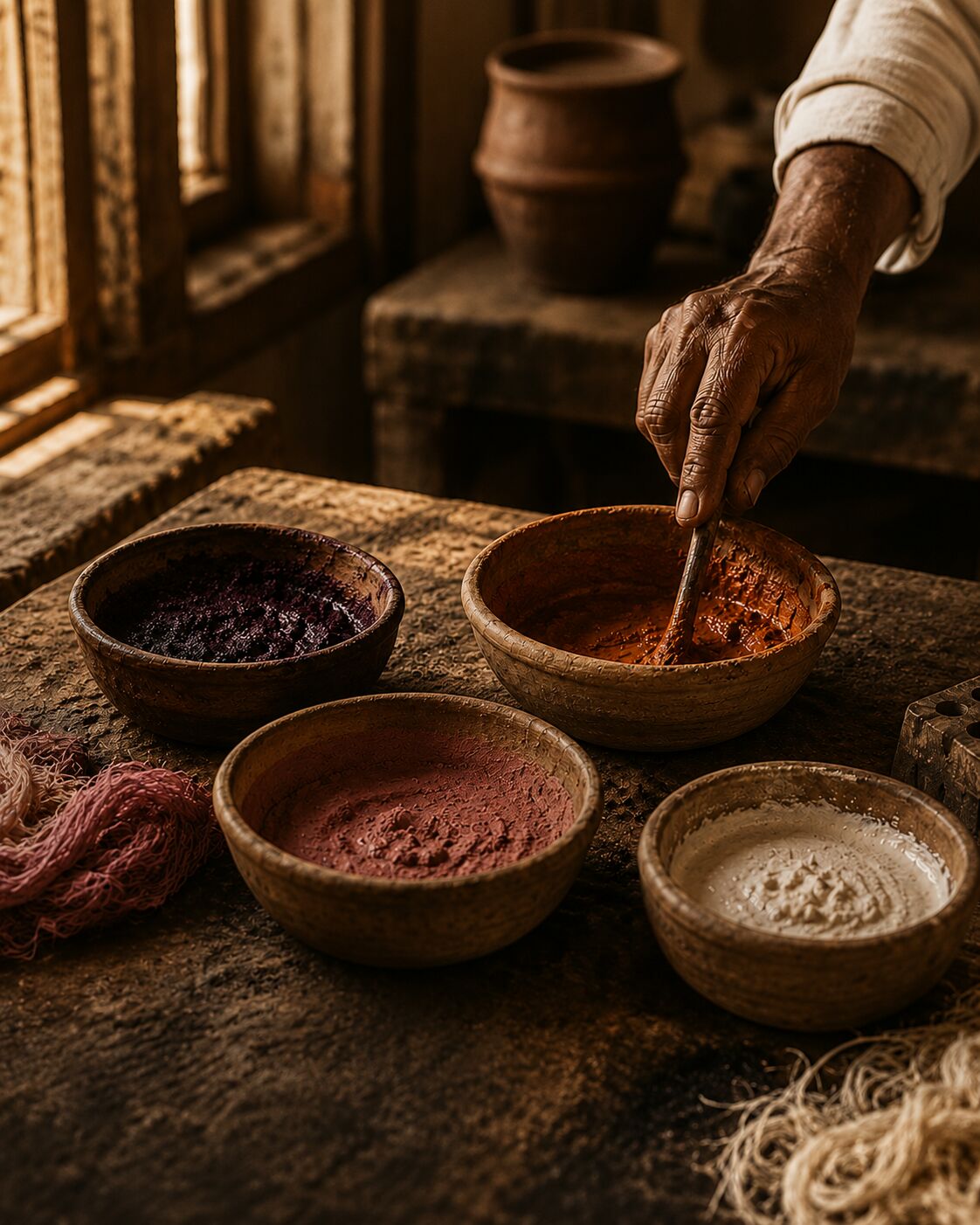 An artisan's hand stirring earthy natural dyes in wooden bowls on a workshop table