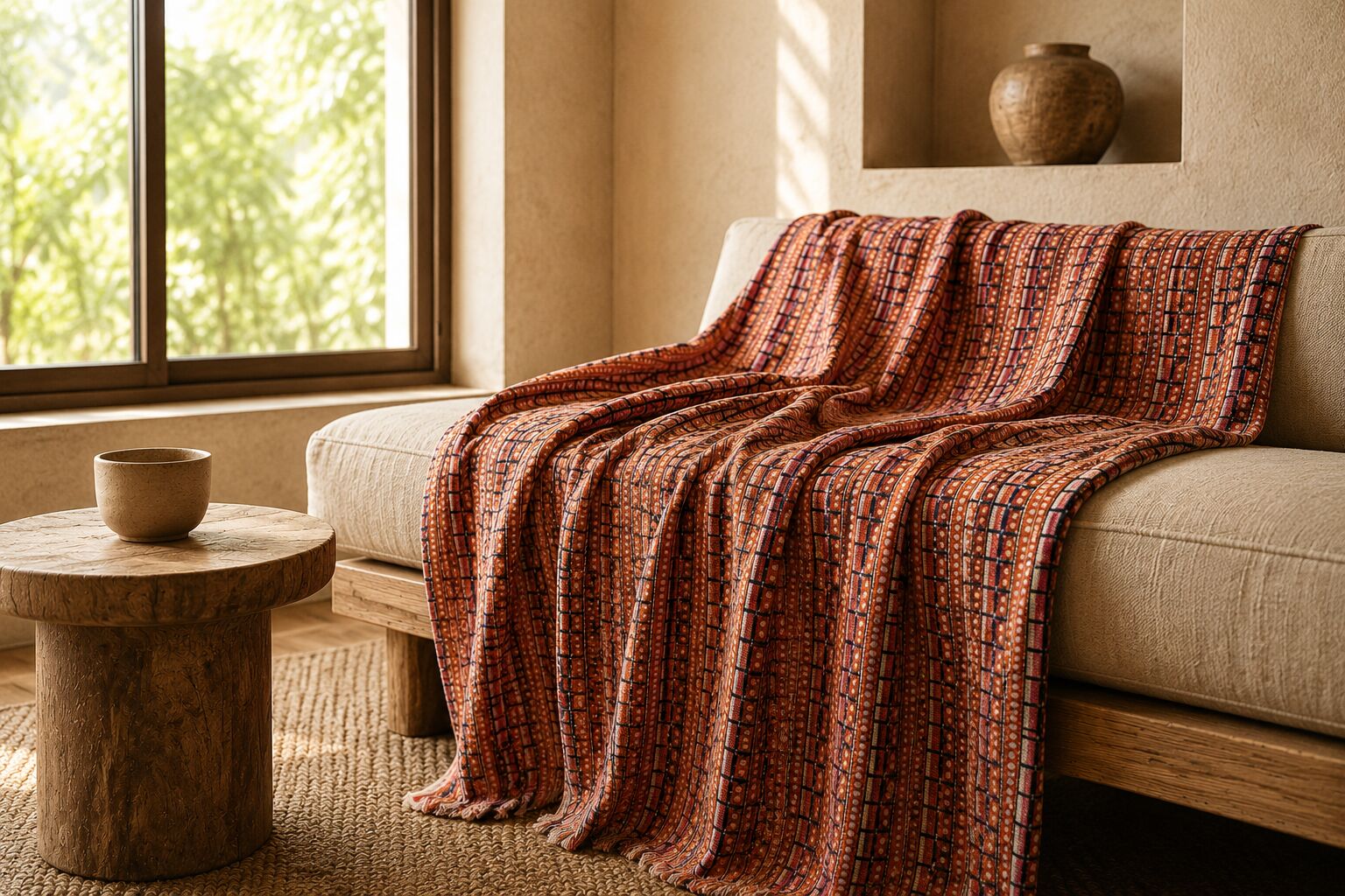 Hand block printed textile draped across a neutral sofa in warm natural light