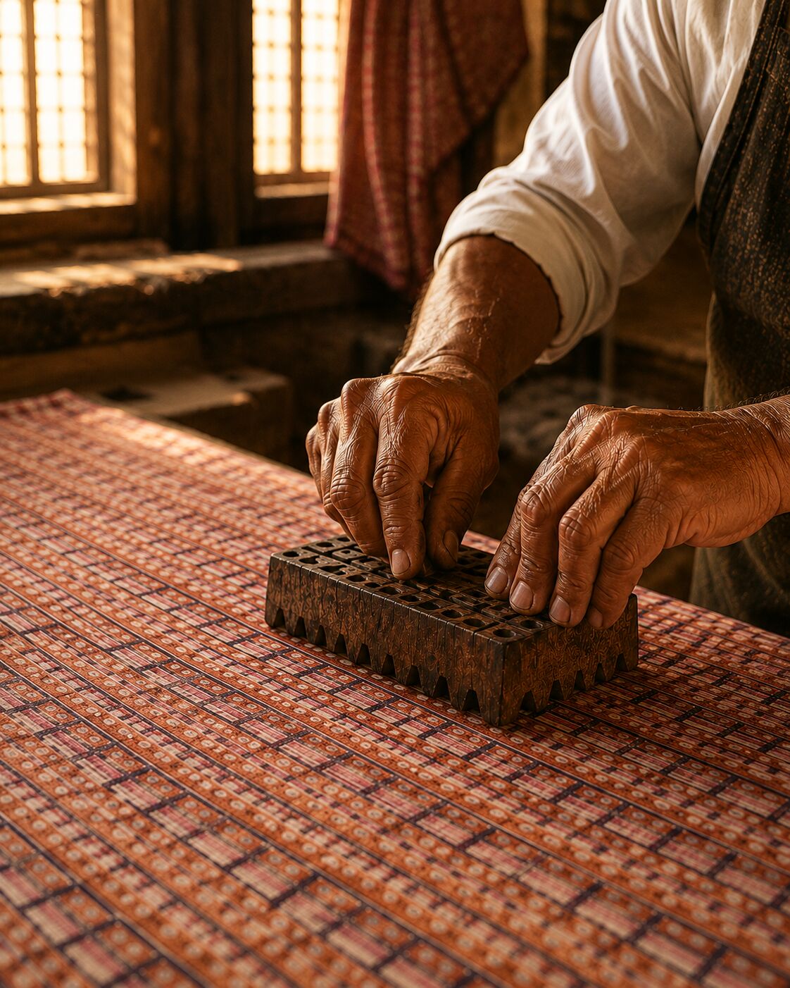 An artisan pressing a carved wooden printing block into patterned fabric by hand