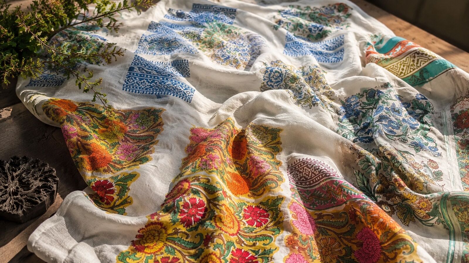 Hand block printed cotton fabric with layered floral motifs in warm natural light