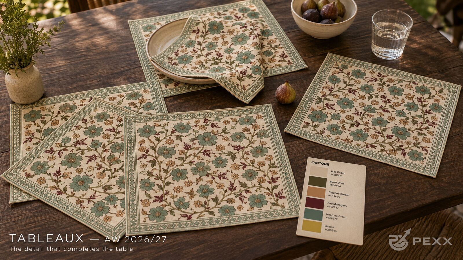 Neptune Green floral block print placemats and napkin with figs and a Pantone-inspired AW 2026/27 palette card