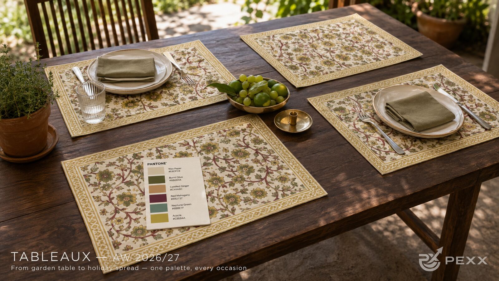 Hand block print floral placemats on a wooden garden table with olive napkins, ceramic plates, brass candle holder, grapes, and limes