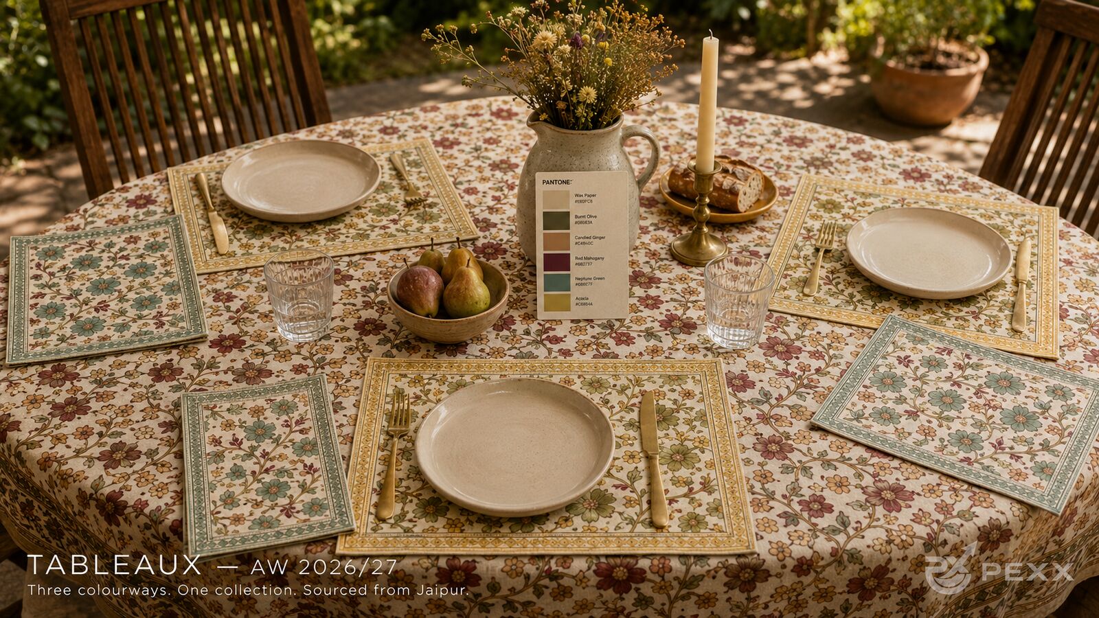 AW 2026/27 Tableaux table linen collection with floral tablecloth, placemats, napkins, and three colourways on an outdoor dining table