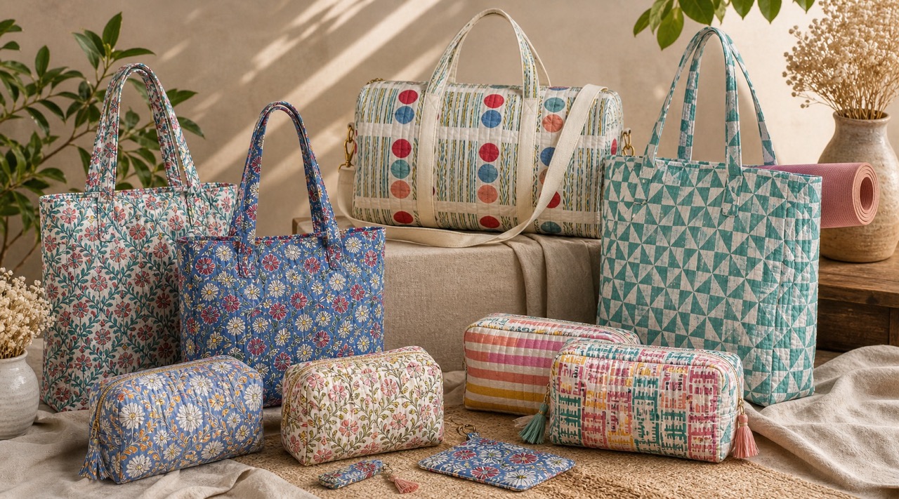 Hand block printed carry collection with totes, duffle bags, pouches, and quilted accessories
