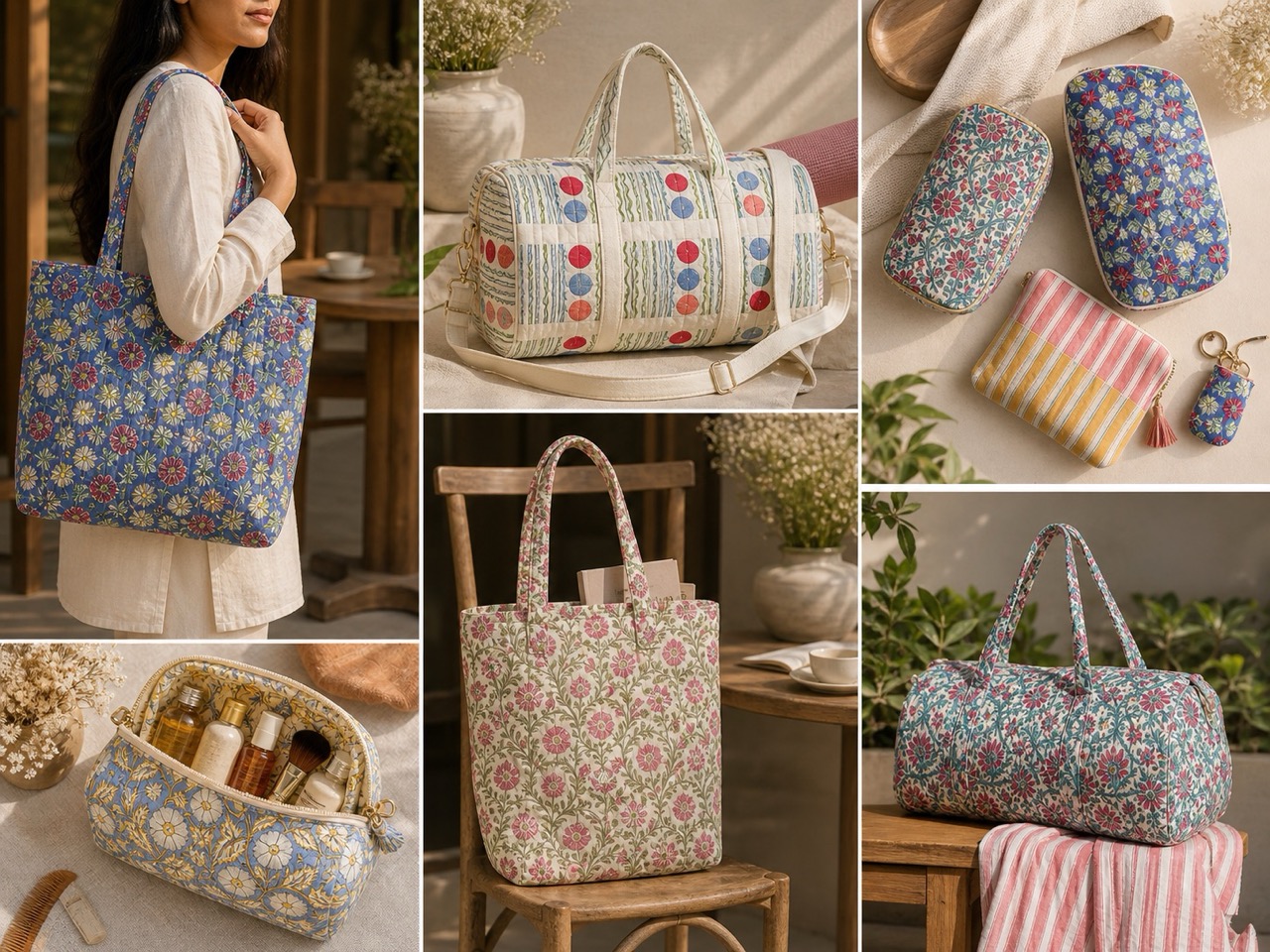 Editorial collage of hand block printed tote bags, duffle bags, and pouches in use and styled settings