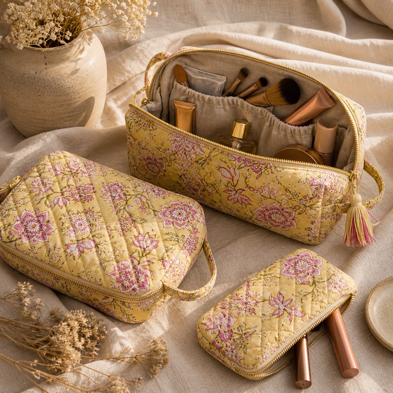 Hand block printed quilted makeup pouches in yellow floral cotton