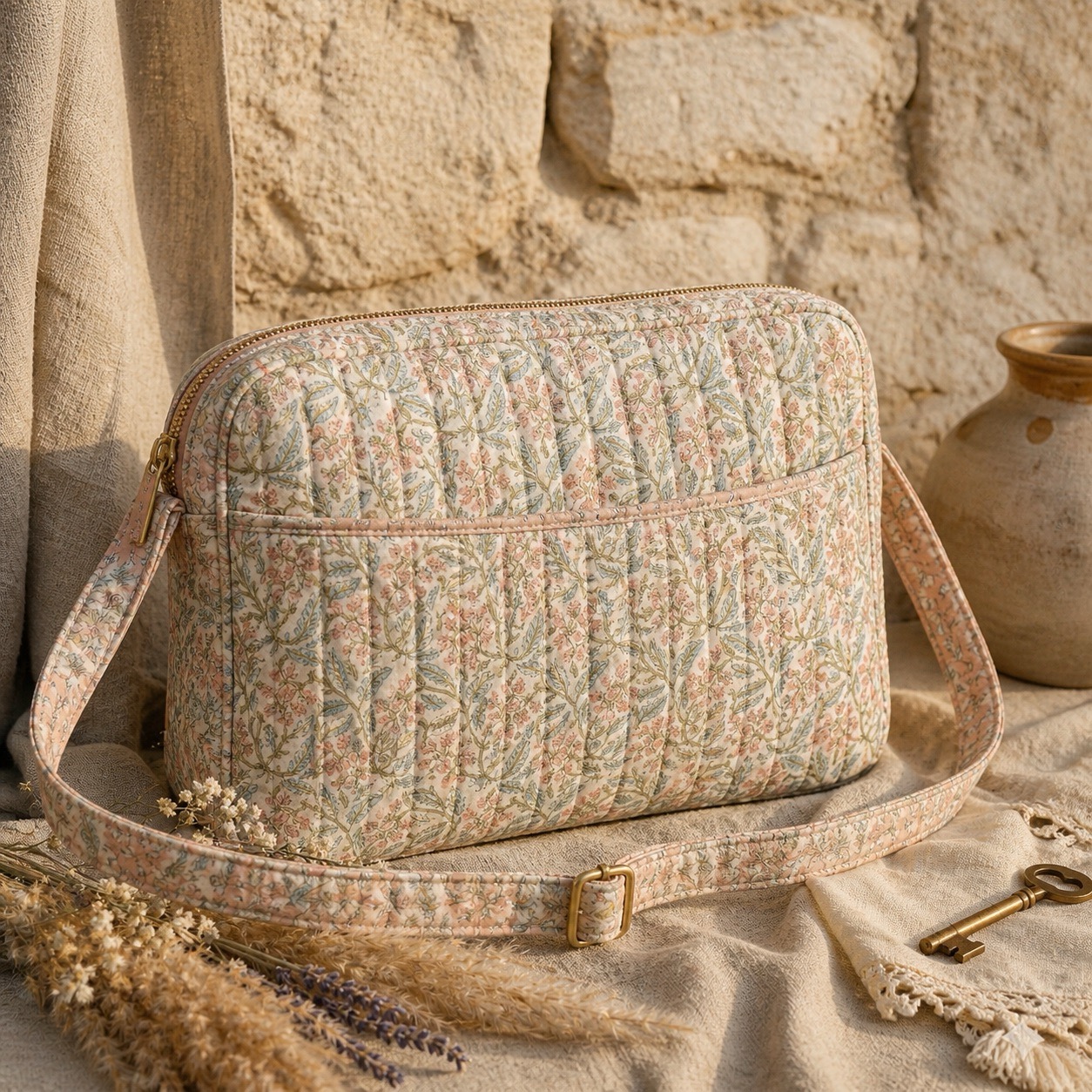 Quilted hand block printed sling bag with crossbody strap