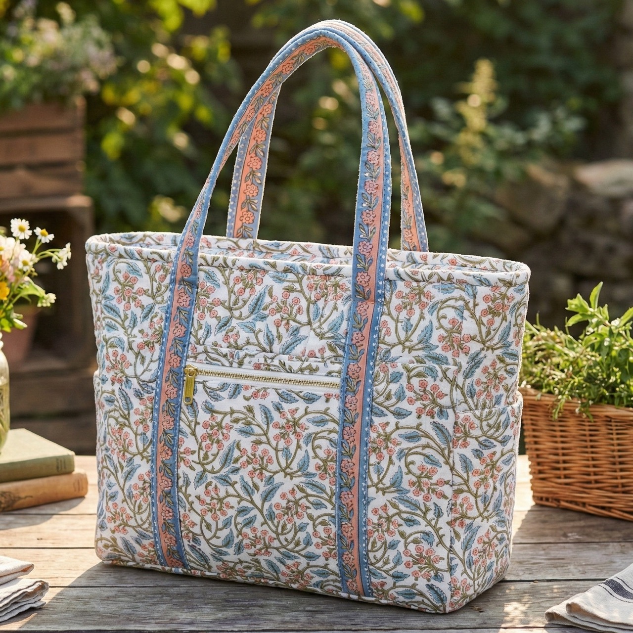 Structured hand block printed carry bag with floral vines, zip pocket, and contrast handles