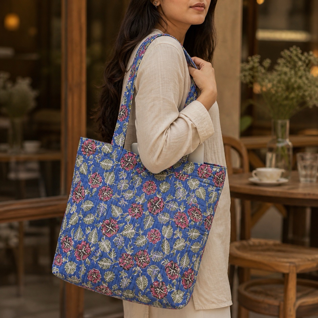 Structured quilted hand block printed tote bag with floral straps and front zip pocket