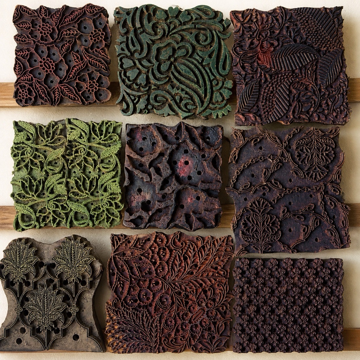 Hand-carved printing blocks used in PEXX design development