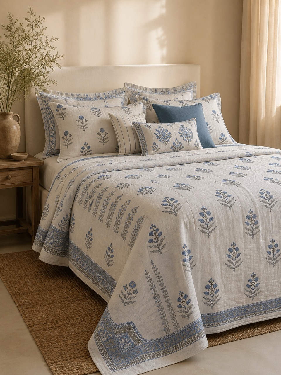 Hand block printed bedcover set in soft blue floral motifs