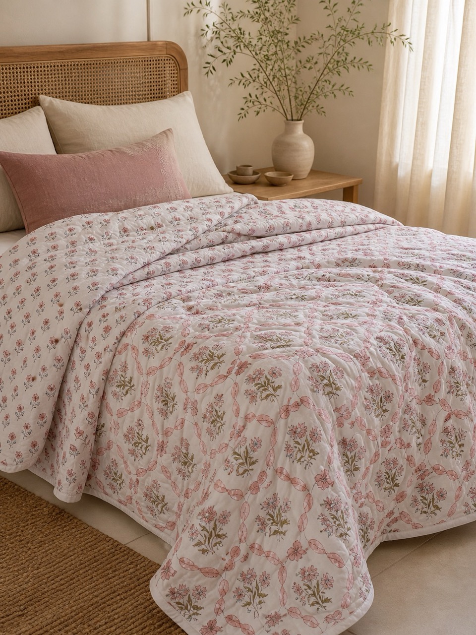 Light hand block printed dohar folded across a bed in blush tones