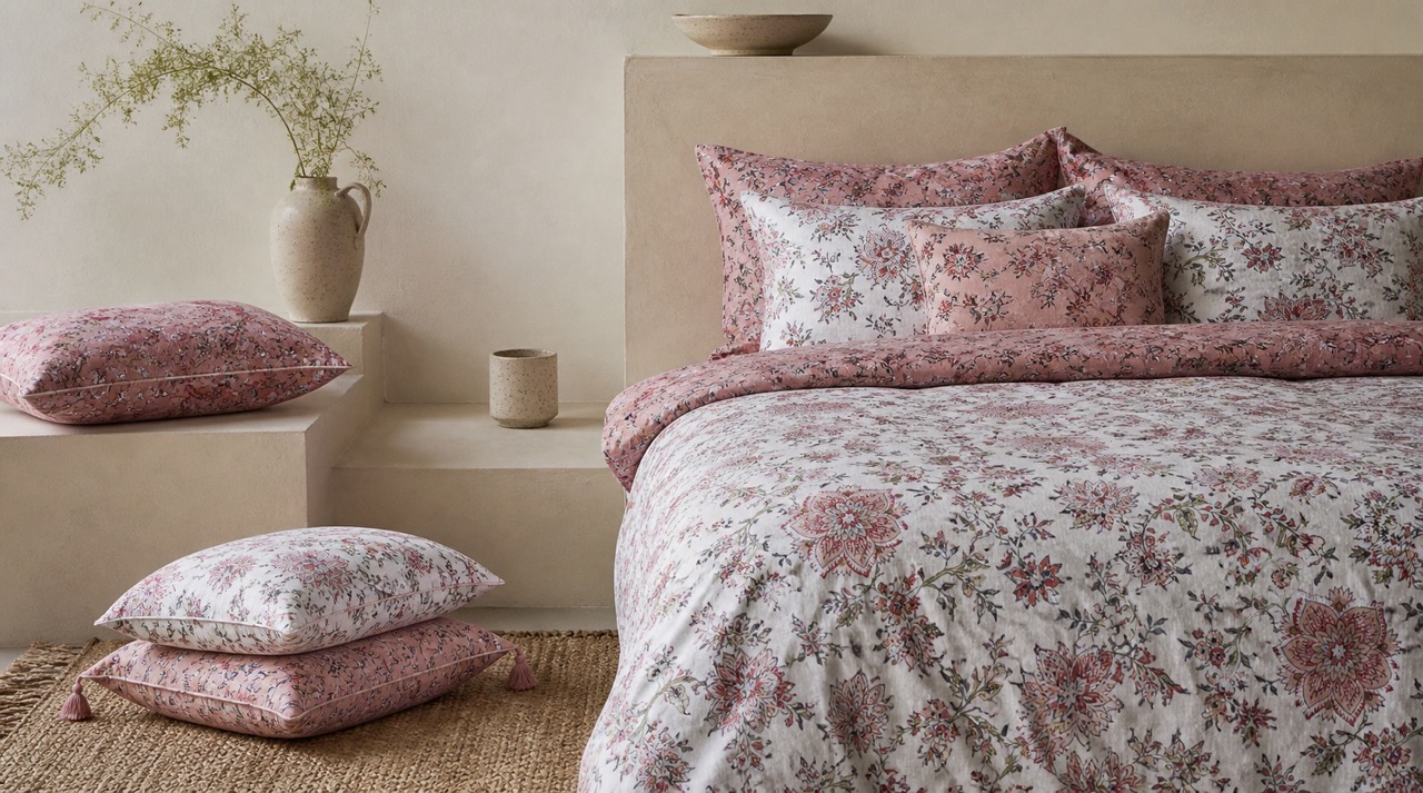 Hand block printed bedding in blush florals styled in a calm premium bedroom