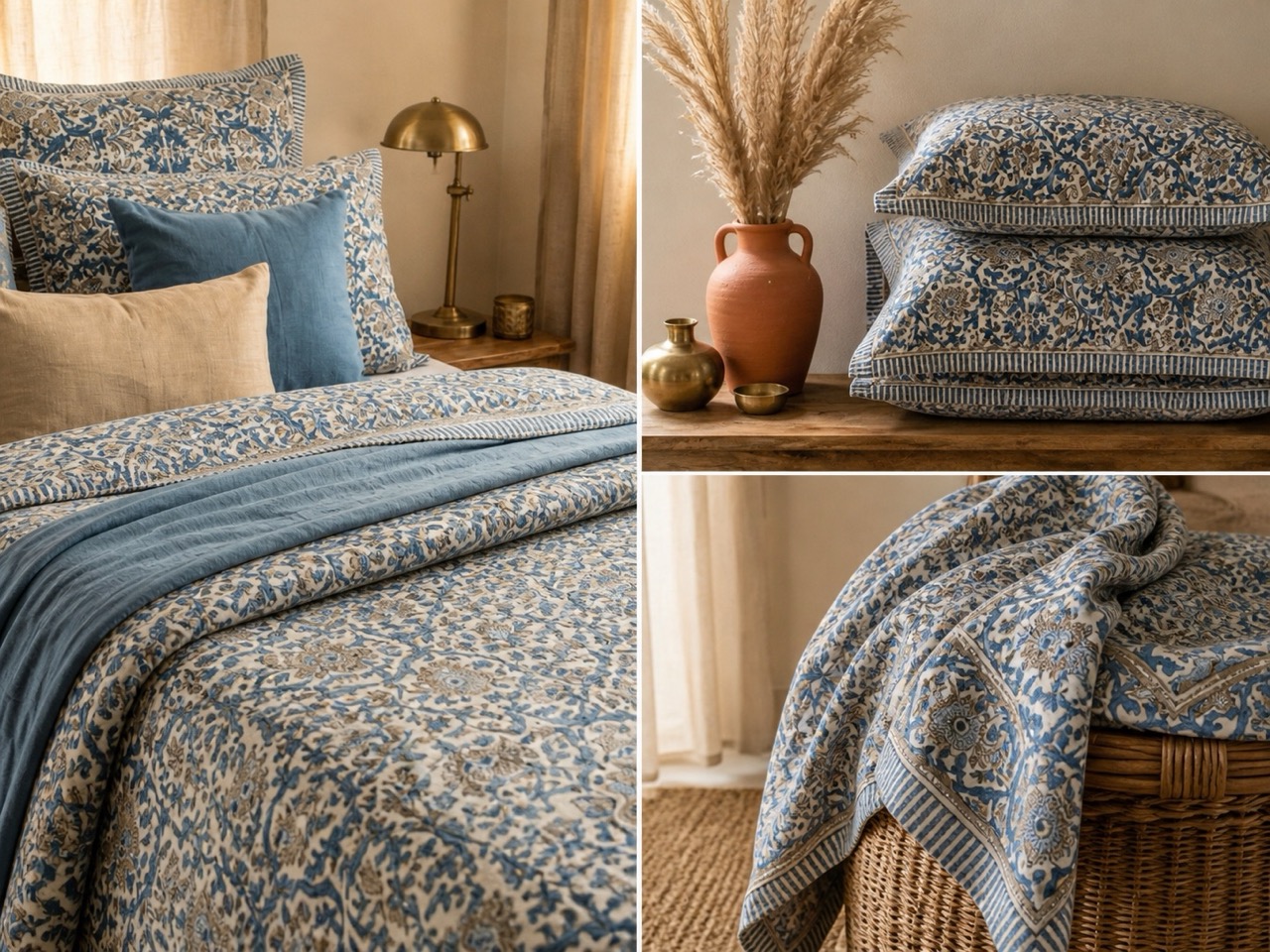 Editorial collage of blue hand block printed bedding details and layered cotton textures