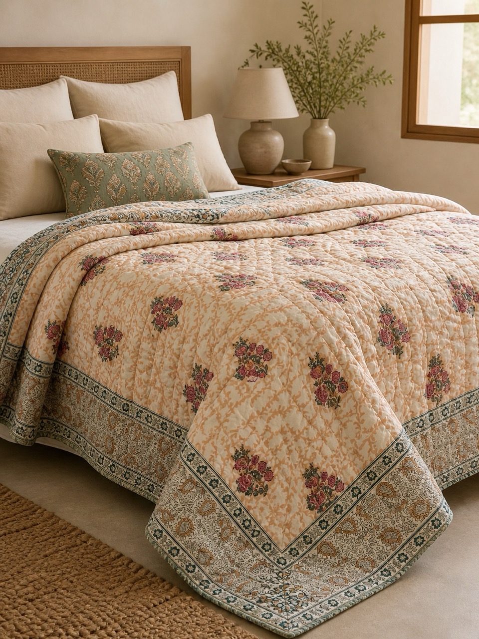 Hand block printed quilt with floral quilting and bordered edge