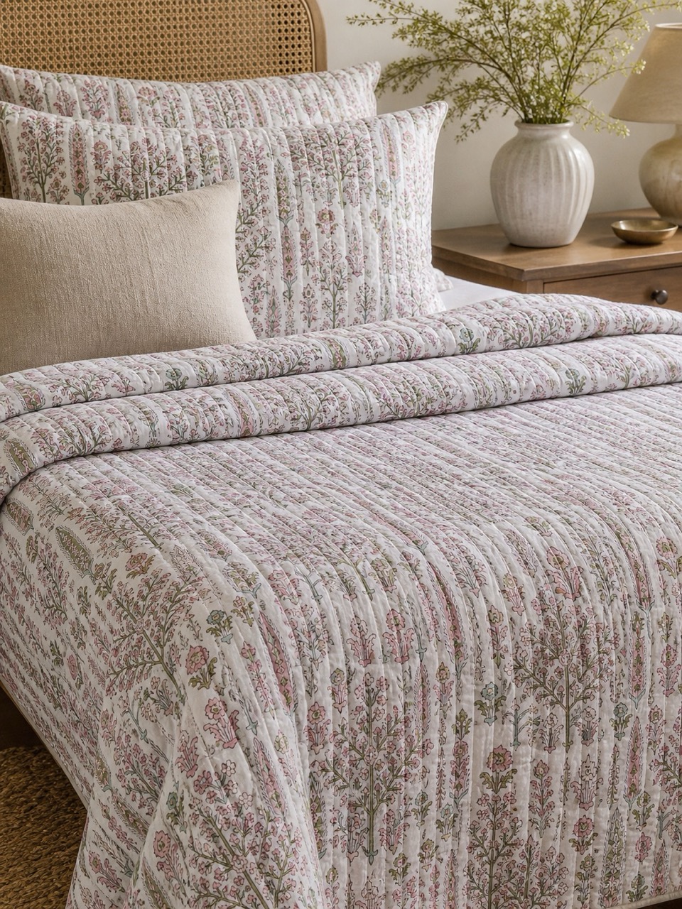 Quilted hand block printed bedcover in soft blush floral stripes