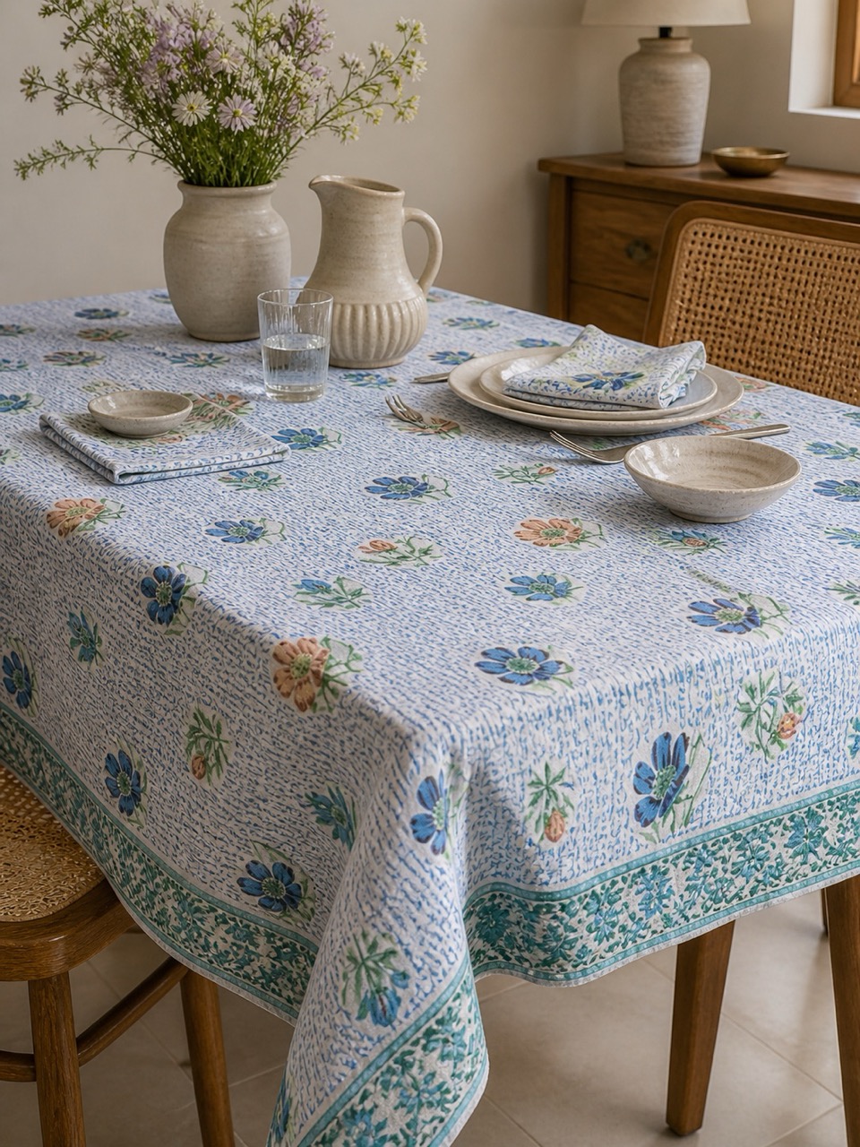 Hand block printed tablecloth styled with plates and ceramic tableware