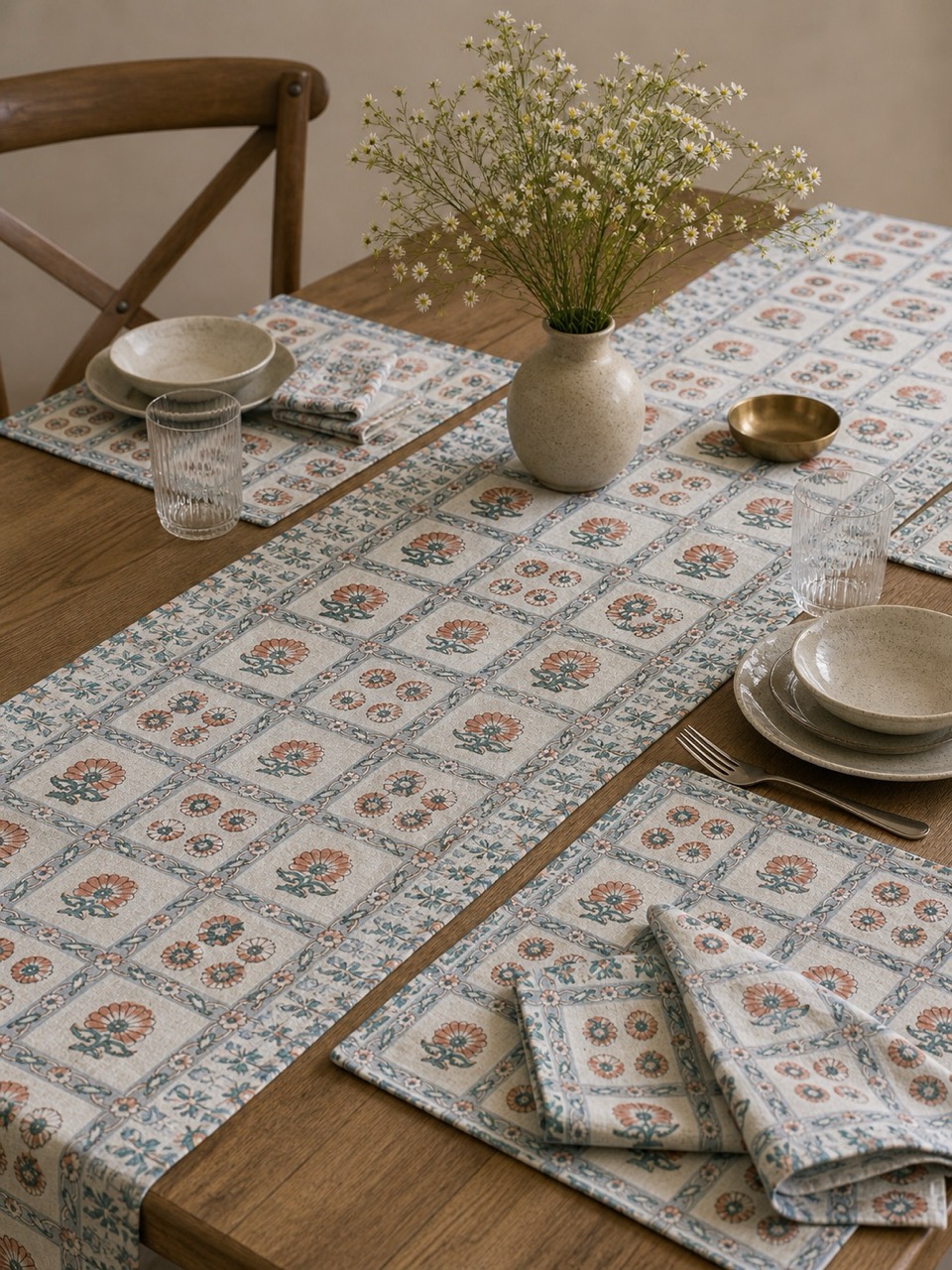 Hand block printed table runner with matching napkins and placemats