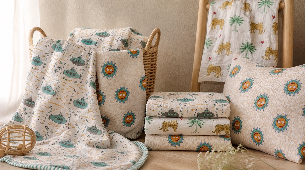 Collage of hand block printed quilts, swaddles, and bed textiles for children