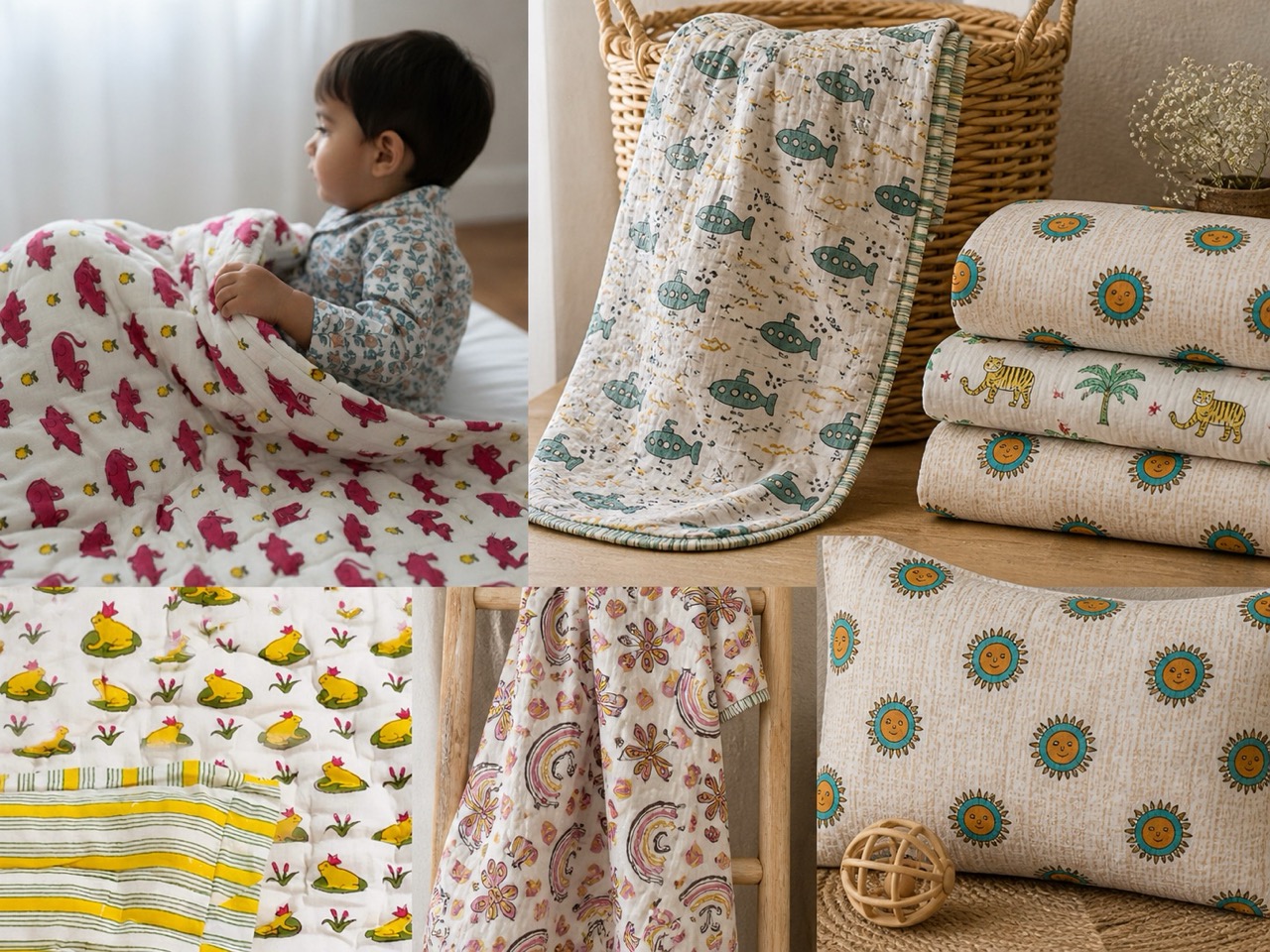 Editorial collage of children's quilts, swaddles, and playful cotton prints