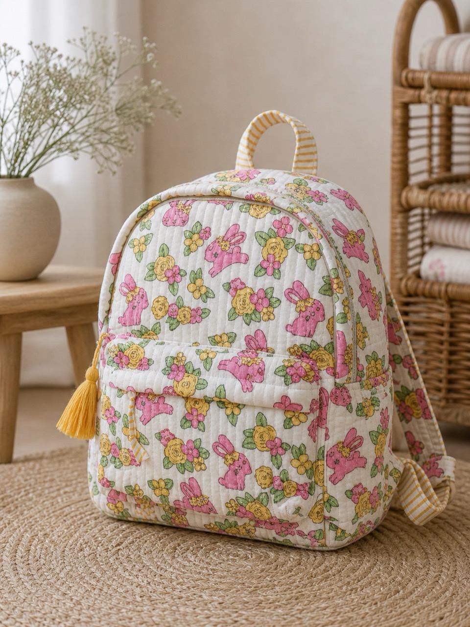 Quilted children's backpack in a floral and bunny print