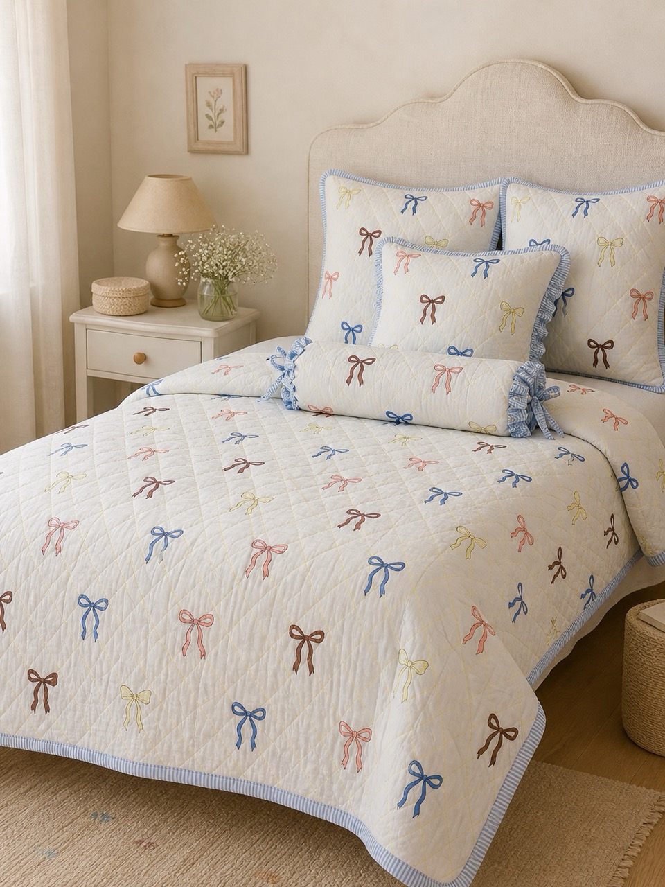 Children's quilted bed set with bow print pillows and matching cover