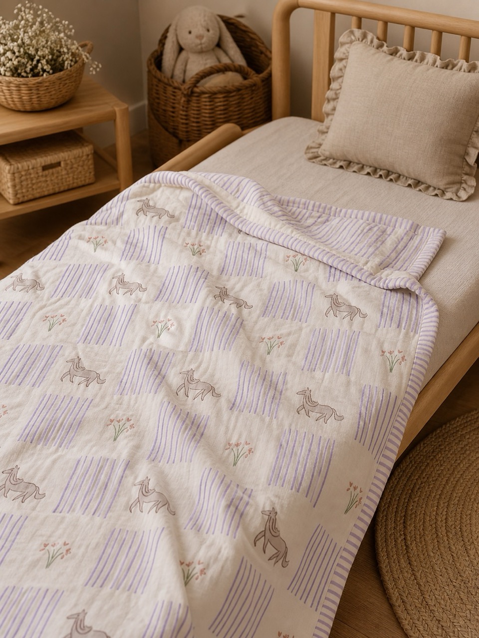 Light children's dohar spread on a small bed in a lavender horse print