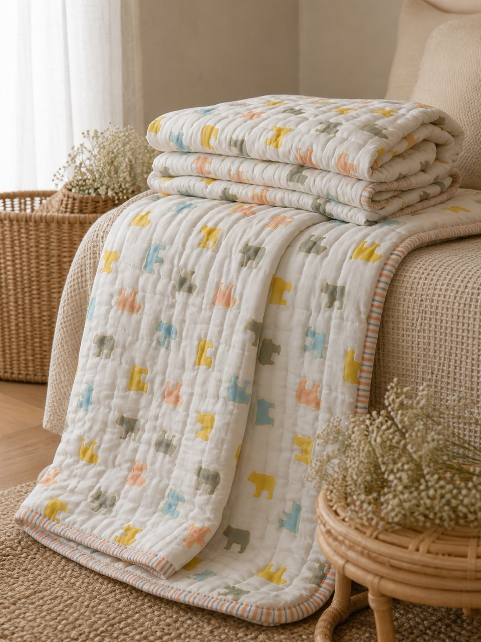 Folded children's quilt in a soft pastel animal print