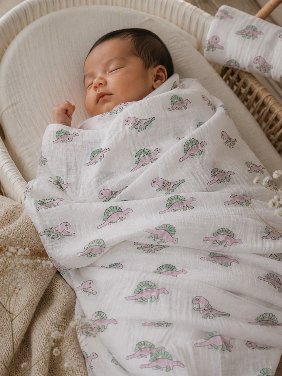 Soft hand block printed swaddle wrapped around a sleeping baby