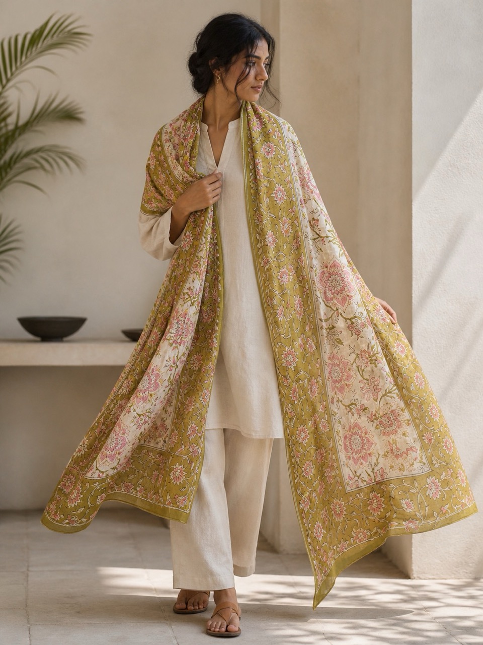 Hand block printed cotton wrap draped over a neutral outfit on a model