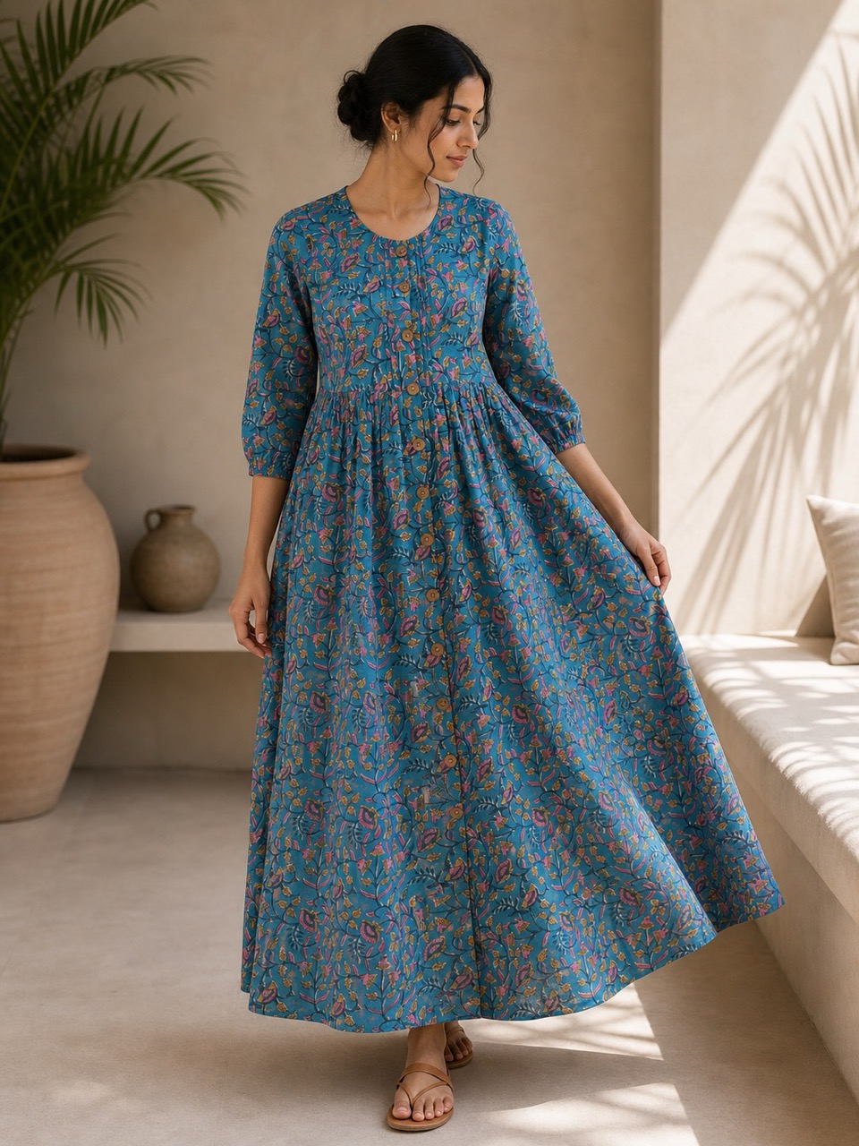 Hand block printed cotton dresses on models in flowing and tailored silhouettes