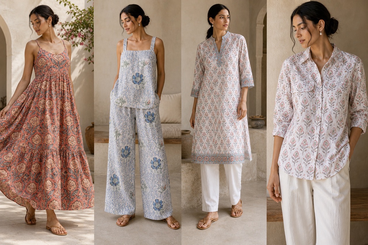 Editorial collage of hand block printed cotton dresses, co-ords, kurtas, and shirts on models