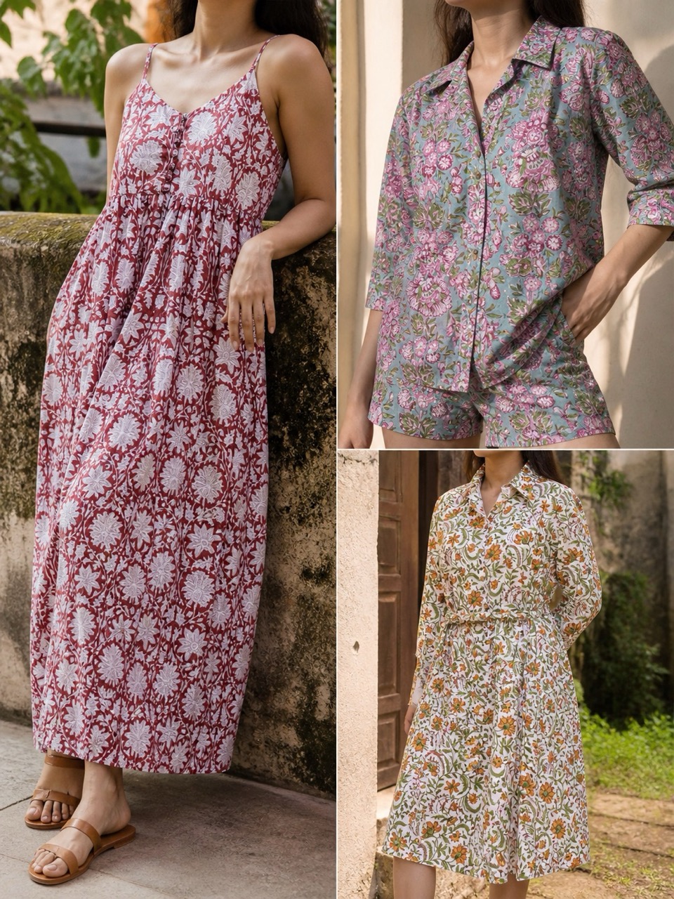 Editorial collage of dresses and loungewear in coordinated hand block prints