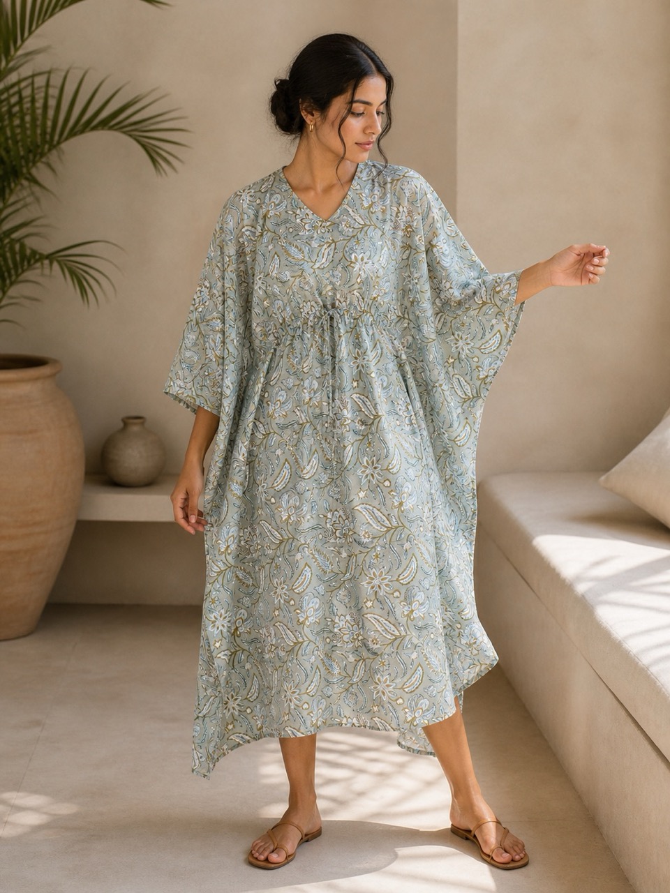 Hand block printed cotton kaftan on a model in a soft blue paisley print