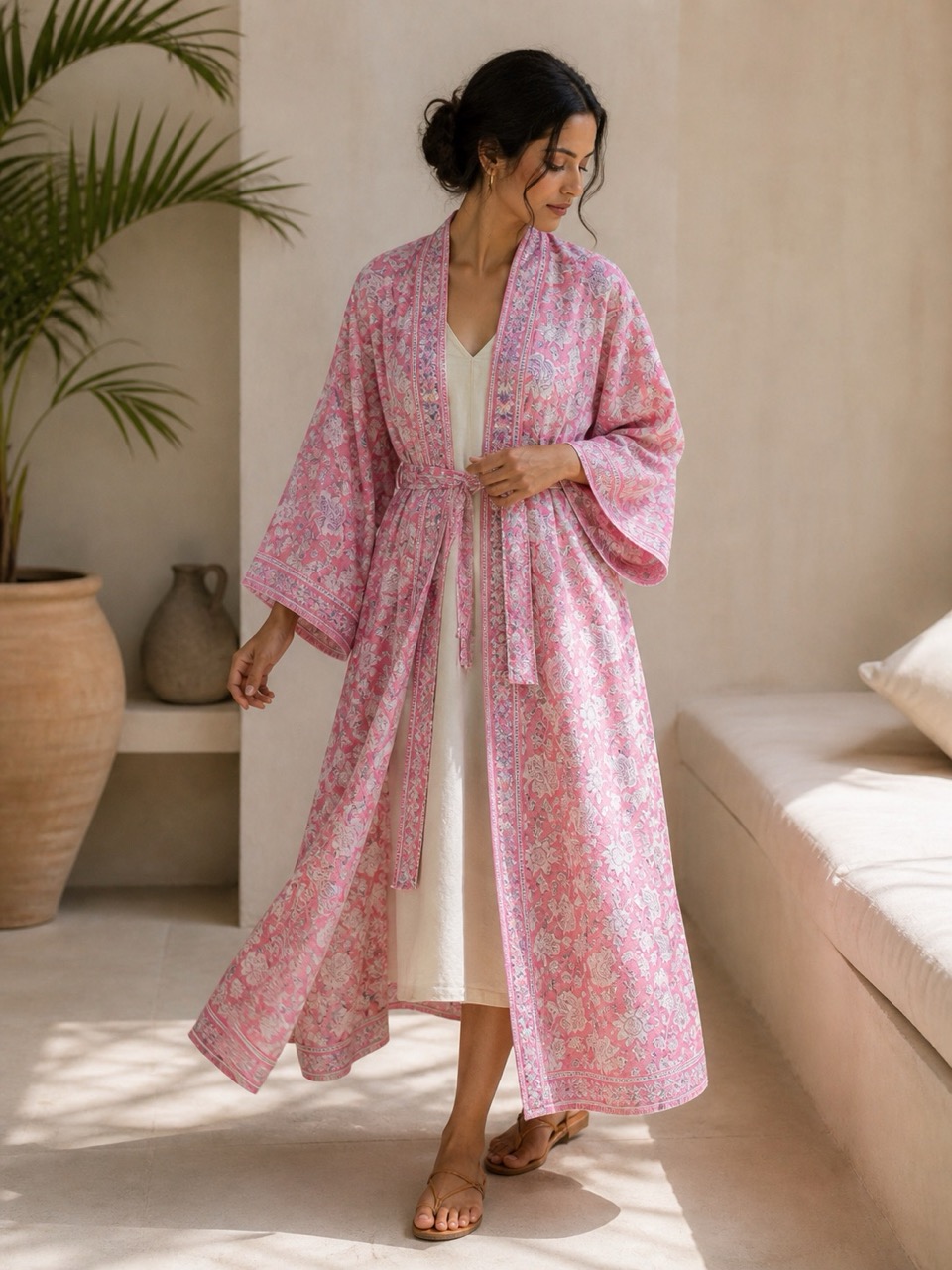 Hand block printed cotton kimono wrap in blush pink worn over a neutral dress