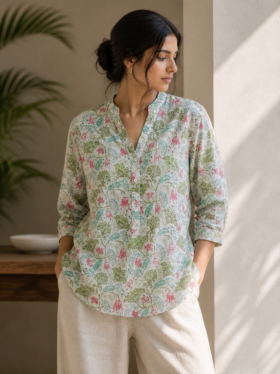 Hand block printed cotton lounge shirt on a model in a soft botanical print