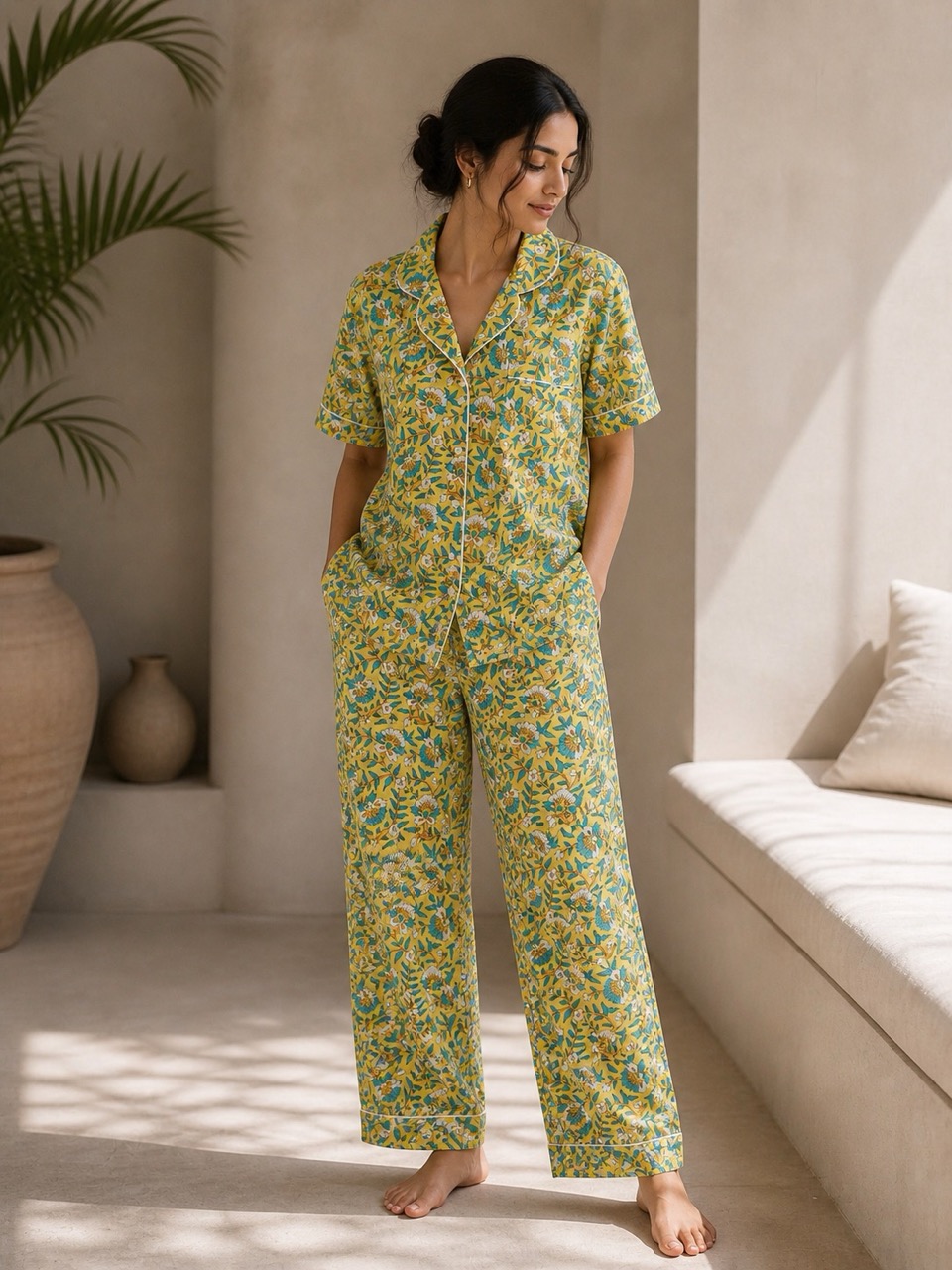 Hand block printed cotton PJ set on a model in a yellow floral print