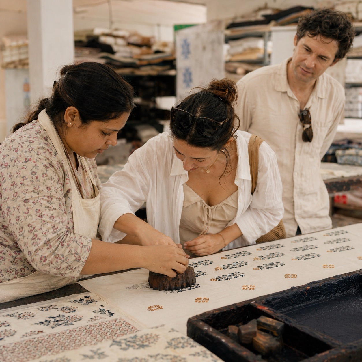 Guest learning hand block printing with an artisan at the PEXX workshop