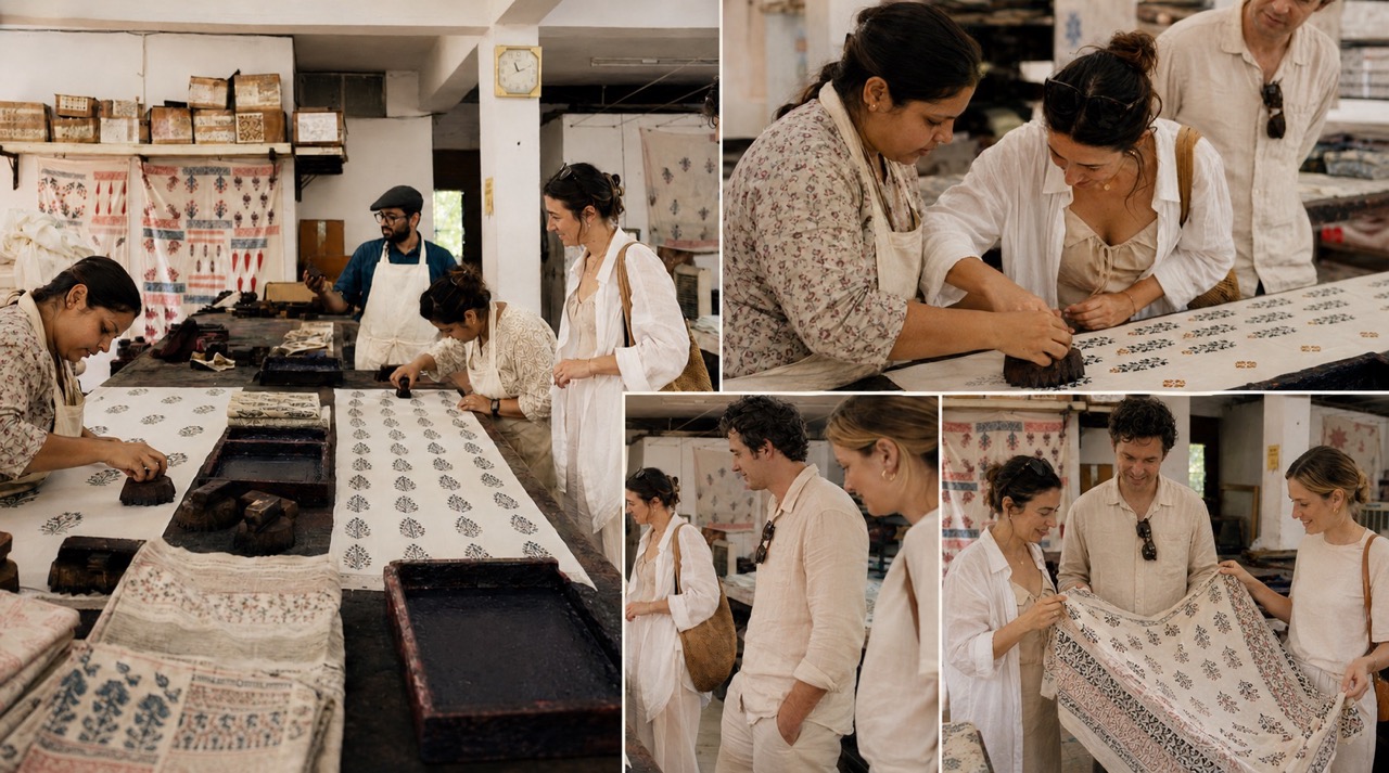 Collage of visitors participating in hands-on hand block printing workshops at the PEXX factory